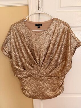 Express Gold Sequin Twist-Front Blouse